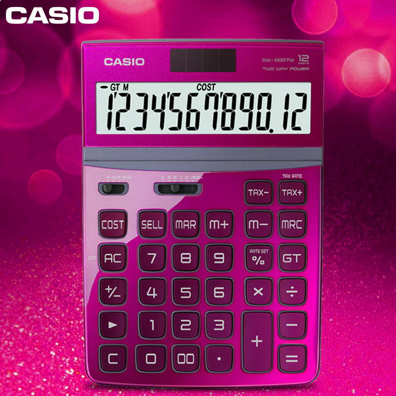 卡西欧（CASIO）钢琴烤漆计算器DW-200TW屏幕角度可调12位大屏幕税率玫红黑蓝白金符号显示玫红PK